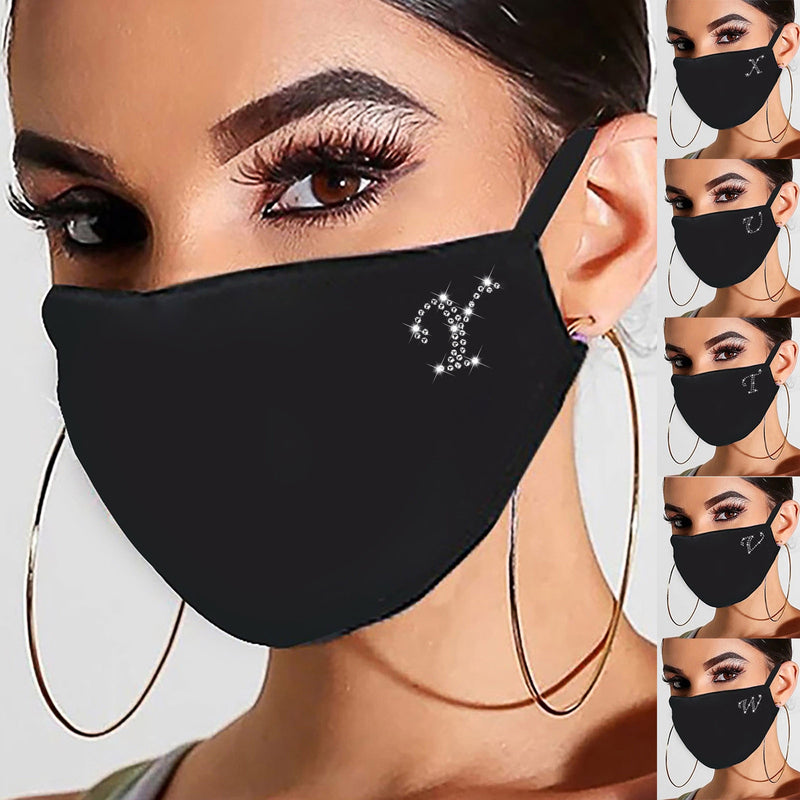 Máscara Facial lavável de algodão com letra A-Z Fashion em cristais Strass